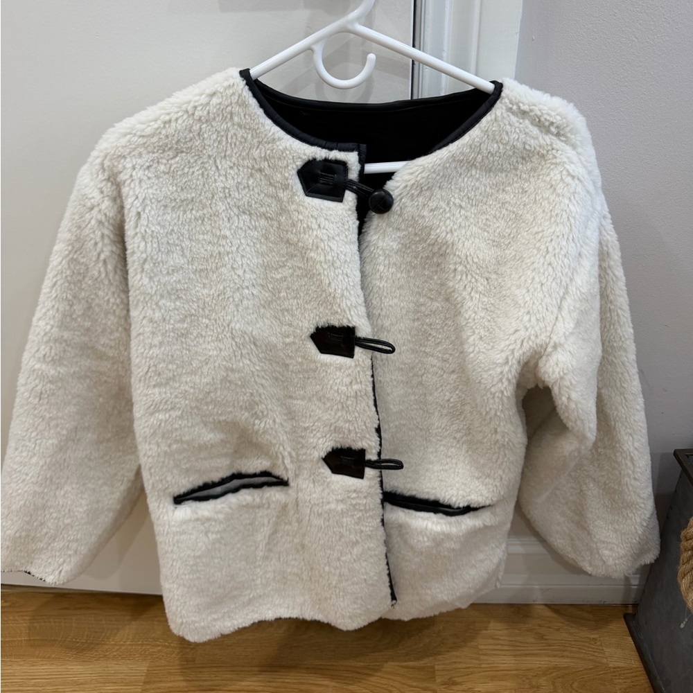Women's Cream Faux-Shearling Jacket with Black Trim